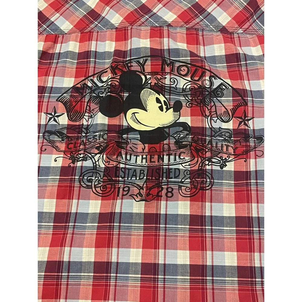 Disney Parks Mickey Mouse Plaid Shirt Mens XL Red Blue Walt‎ Disney World